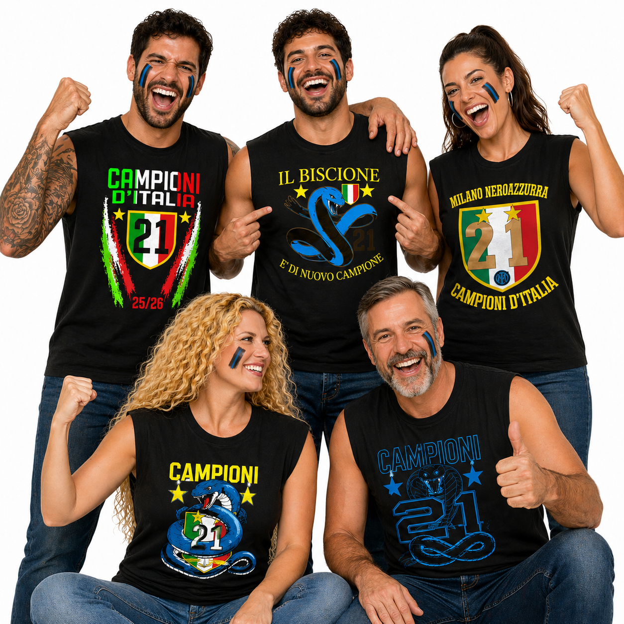 T-shirt Manicata Internazionale Campione d'Italia Seconda Stella 21 Scudetti Tifosi Nero Azzurri | Canotta Cotone Scudetto Neroazzurro PS 29999-INT01