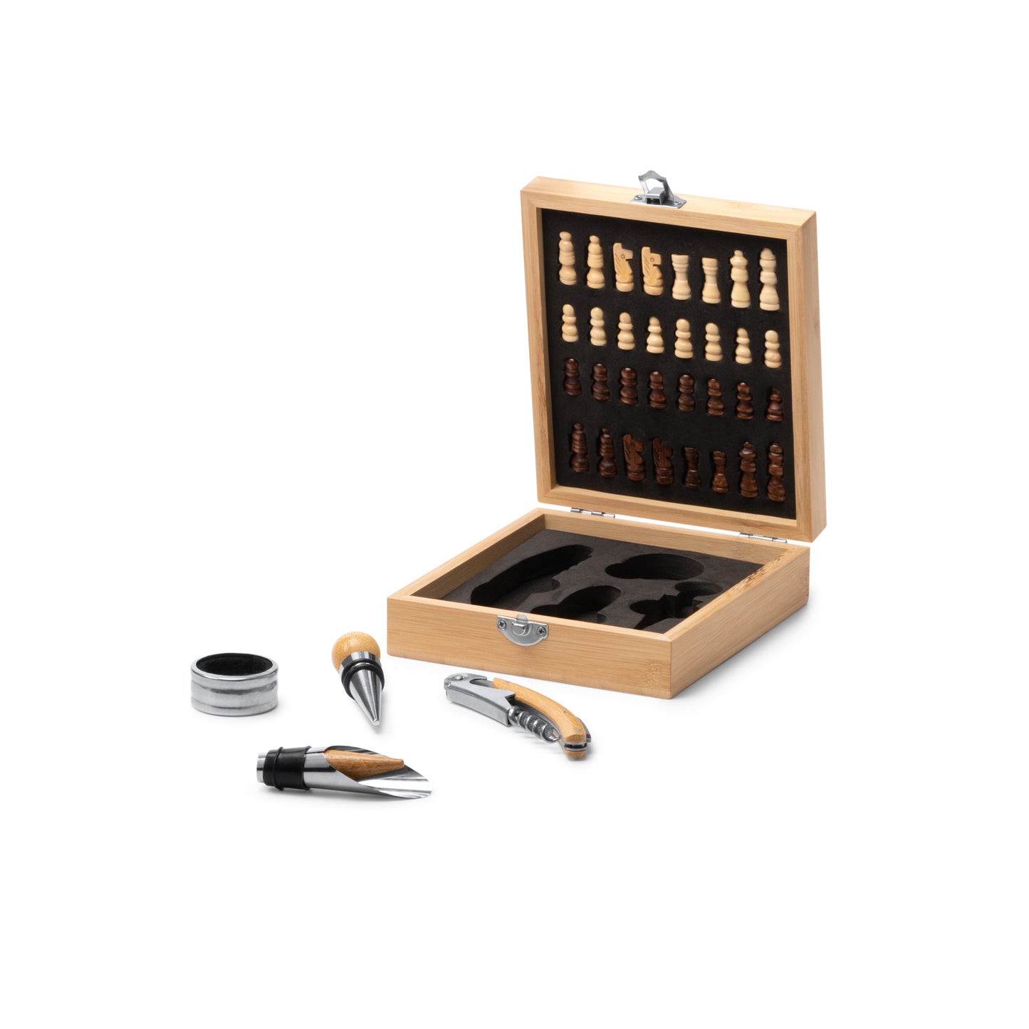 Set da Vino con Accessori e Scacchi in Bambù – Personalizzabile – PS 32952