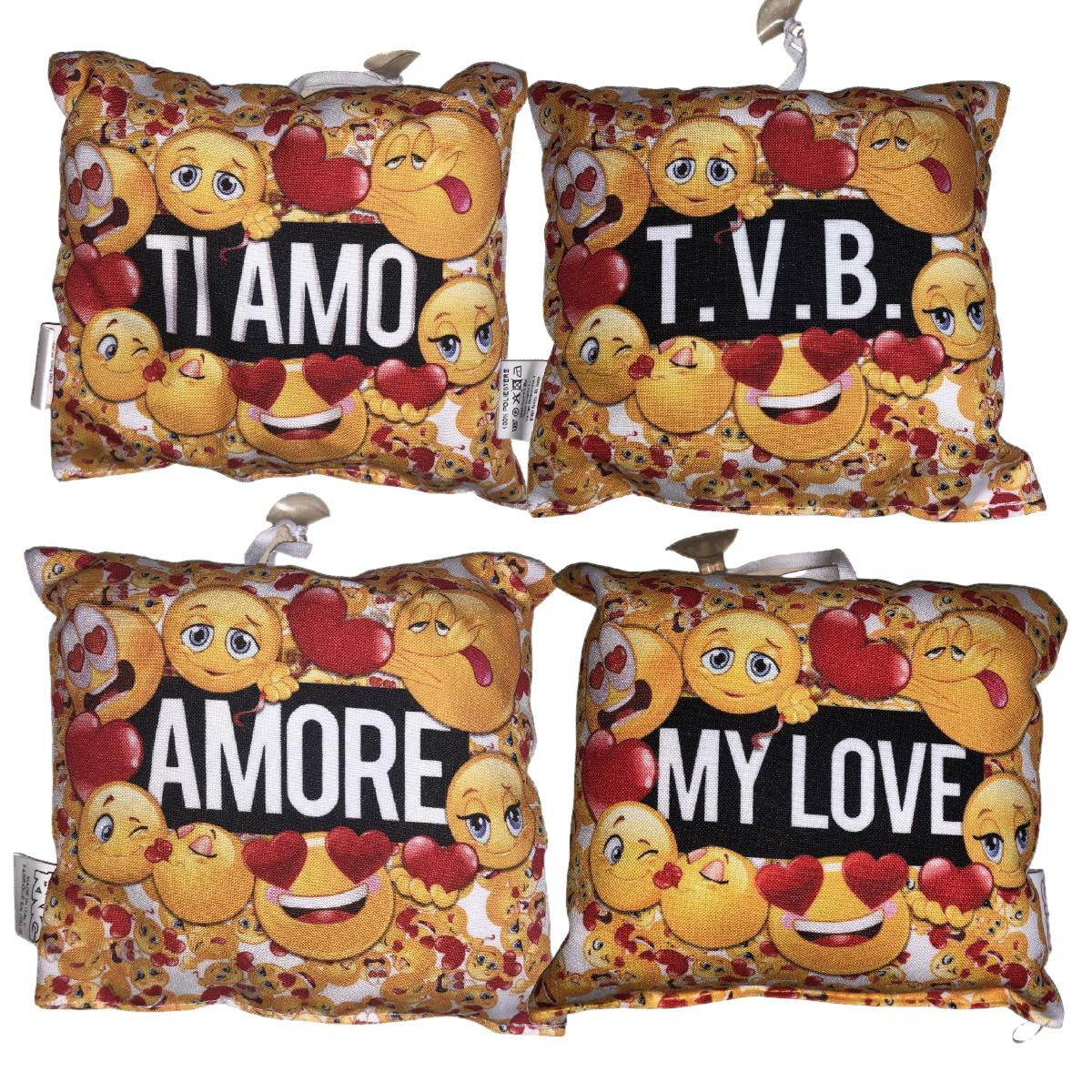 Mini Cuscino Smile “Ti Amo / Ti Voglio Bene – My Love / Mio Amore” con Ventosino – 13 cm – Made in Italy PS 21352