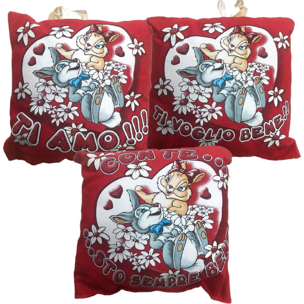 Mini Cuscino “Ti Amo / Ti Voglio Bene” Coniglietti Innamorati con Ventosino – 13 cm – Made in Italy PS 21366