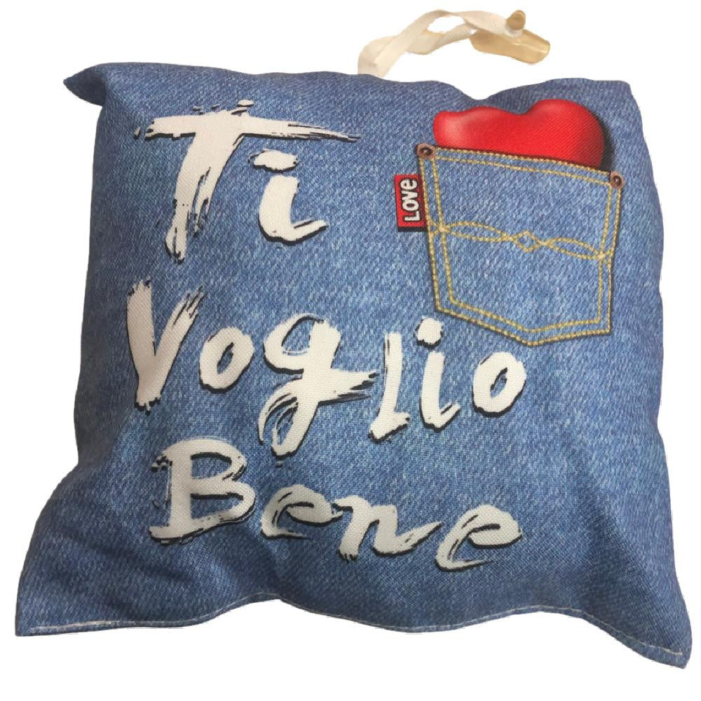 Mini Cuscino “Ti Voglio Bene” Jeans con Ventosino – 13 cm – Made in Italy PS 21392