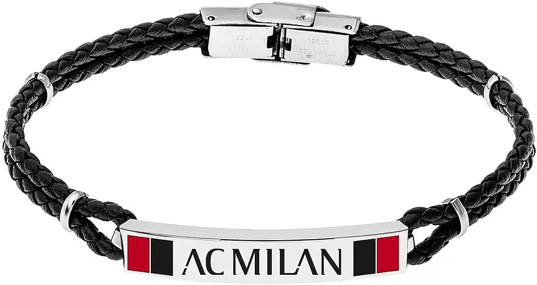 Bracciale ufficiale AC Milan uomo Lowell B-MB001UCR in cuoio nero con targhetta – Cod. 38041