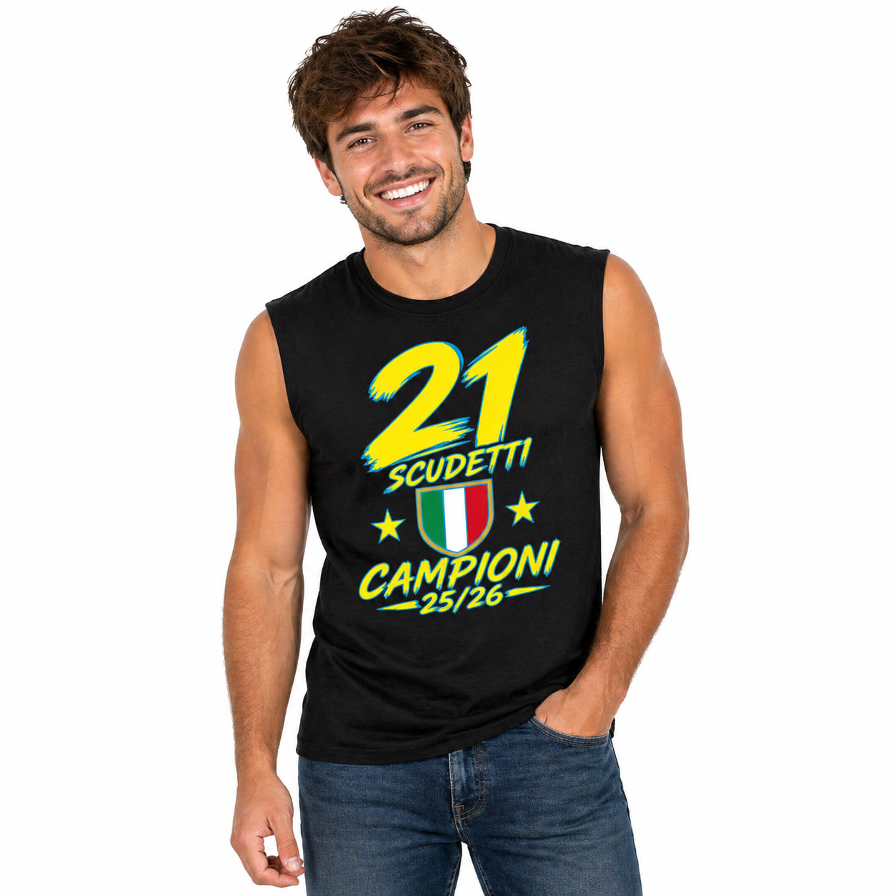 T-shirt Manicata Internazionale Campione d'Italia Seconda Stella 21 Scudetti Tifosi Nero Azzurri | Canotta Cotone Scudetto Neroazzurro PS 29999-INT01