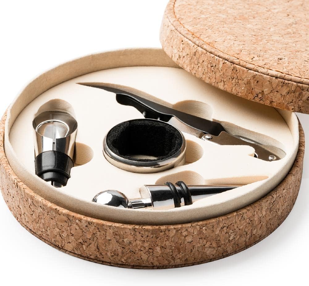 Set da Vino con Accessori in Acciaio Inox – Custodia in Sughero PS 00566