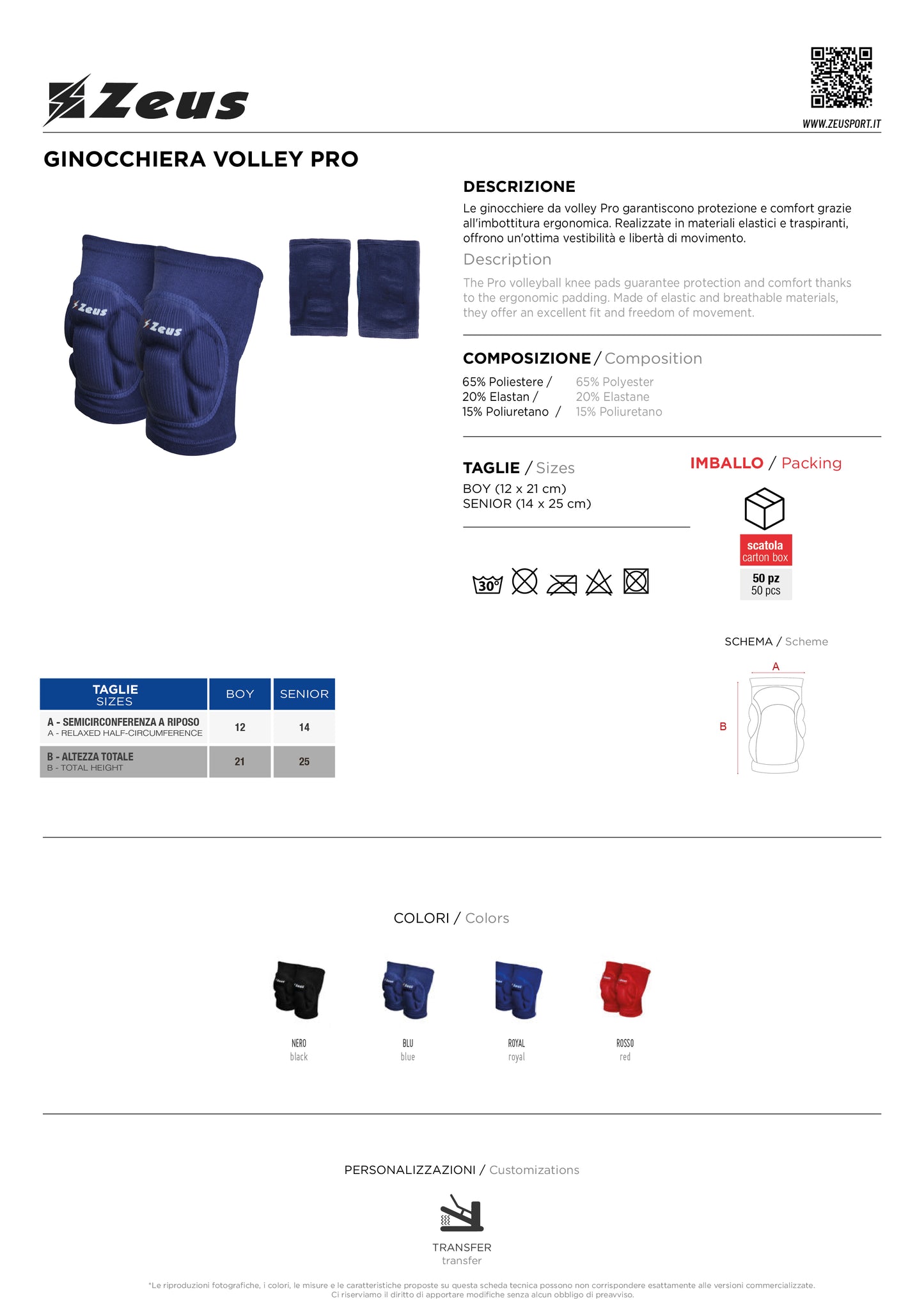 Ginocchiere ZEUS PRO Pallavolo – Modello Senior / Junior – Cod. 39832