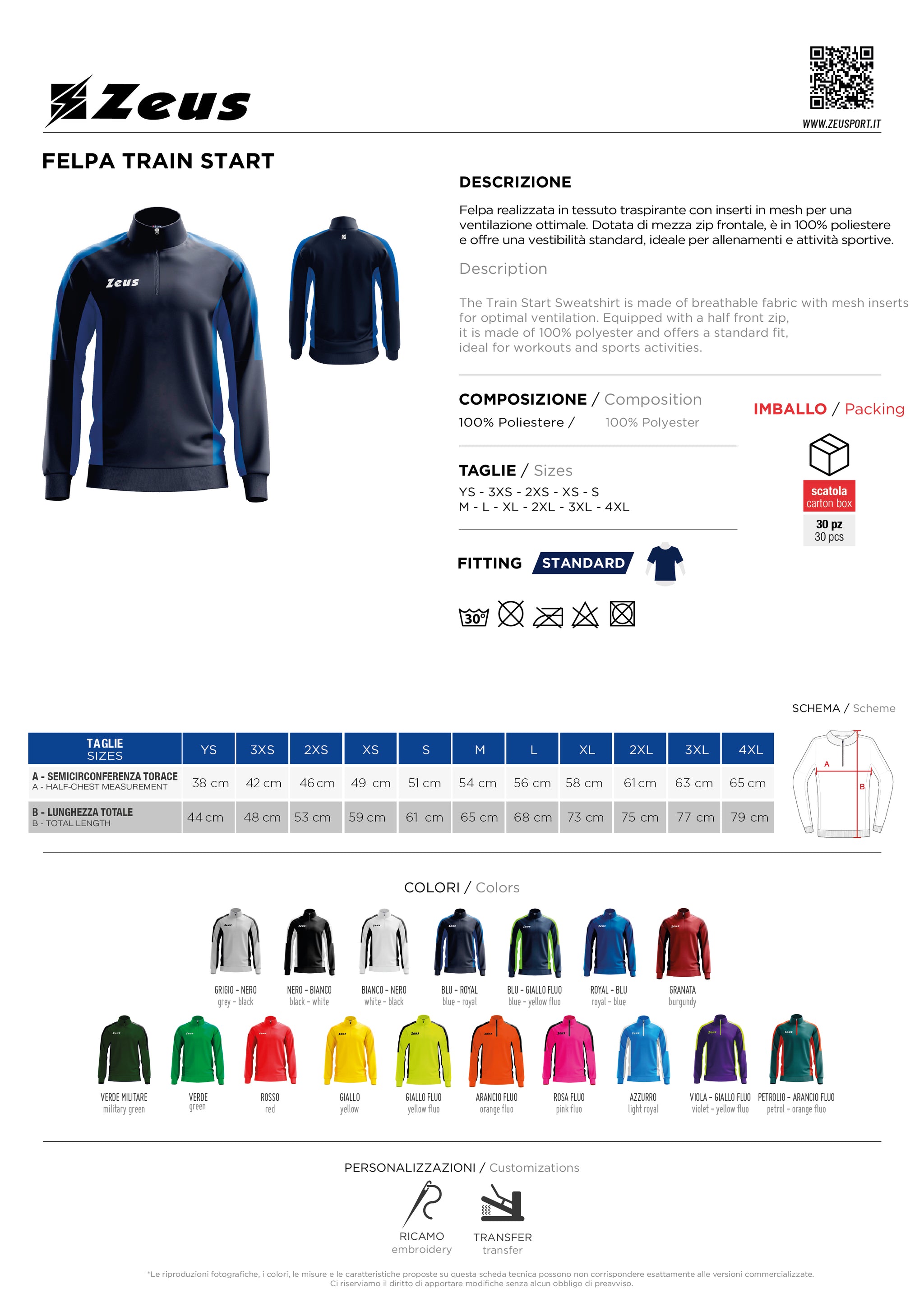 Felpa Zeus Train Start Personalizzabile con Loghi, Ricami e Stampe – Mezza Zip – PS 31601-BS