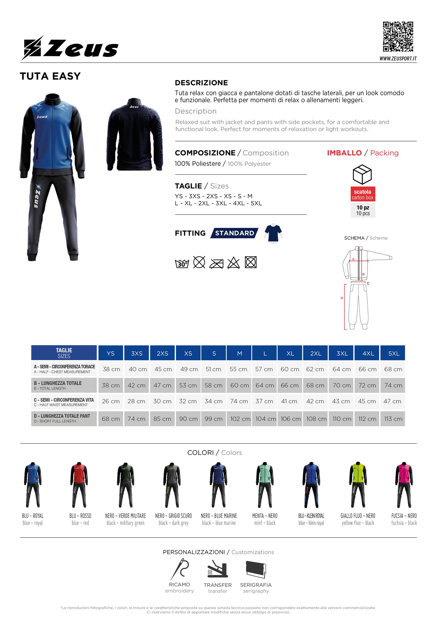 Tuta Zeus Easy – Tuta Sportiva Relax con Giacca e Pantalone – Personalizzabile Cod. 31600-BS