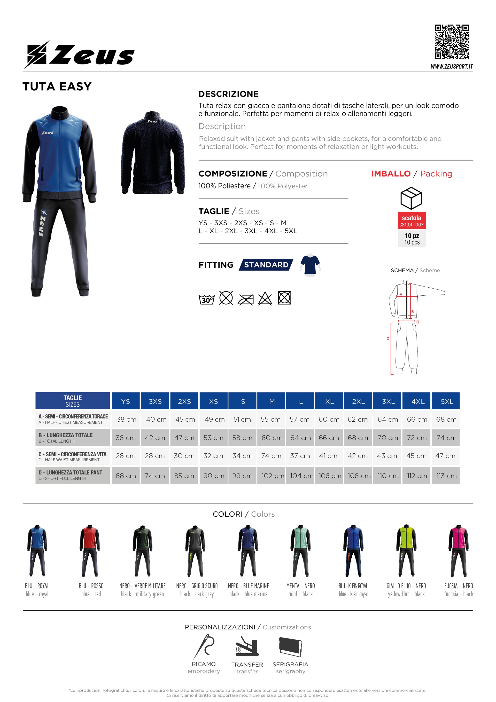 Tuta Zeus Easy – Tuta Sportiva Relax con Giacca e Pantalone – Personalizzabile Cod. 31600-BS