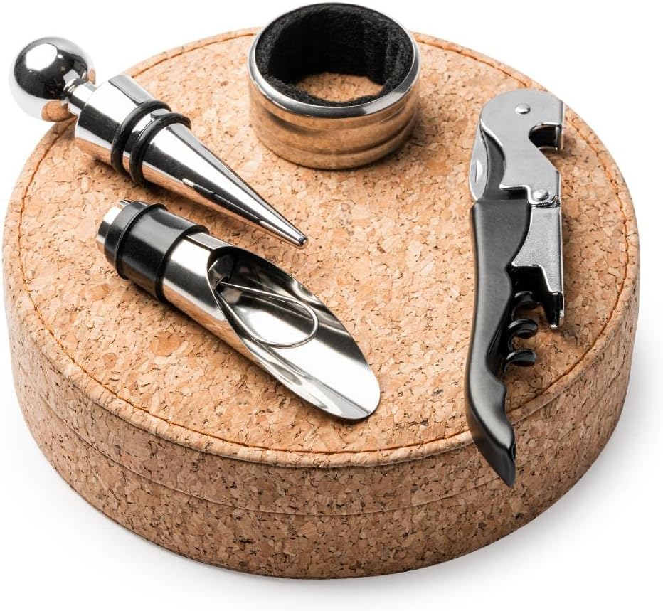 Set da Vino con Accessori in Acciaio Inox – Custodia in Sughero PS 00566