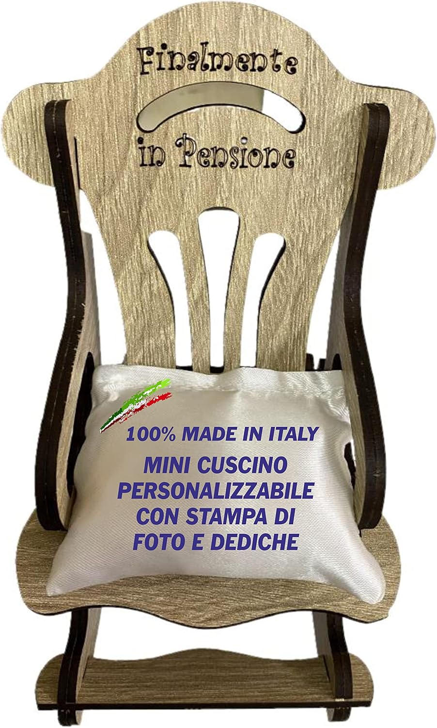 Mini Sedia a Dondolo “Finalmente in Pensione” o Neutra – con Cuscino Personalizzabile PS 00011 PRS