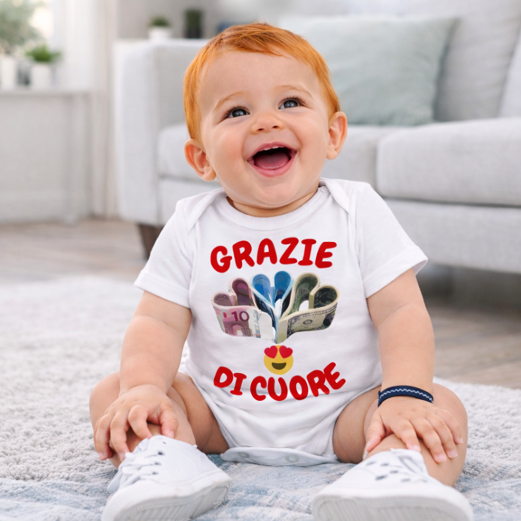 Body Neonato “Grazie Di Cuore” Porta Soldi In Contanti Personalizzabile Con Nome Sul Retro 100% Cotone PS 28180-039 PRS