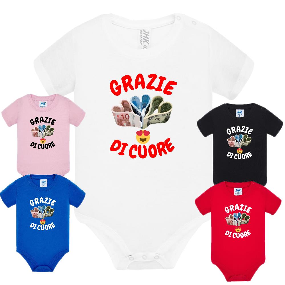 Body Neonato “Grazie Di Cuore” Porta Soldi In Contanti Personalizzabile Con Nome Sul Retro 100% Cotone PS 28180-039 PRS