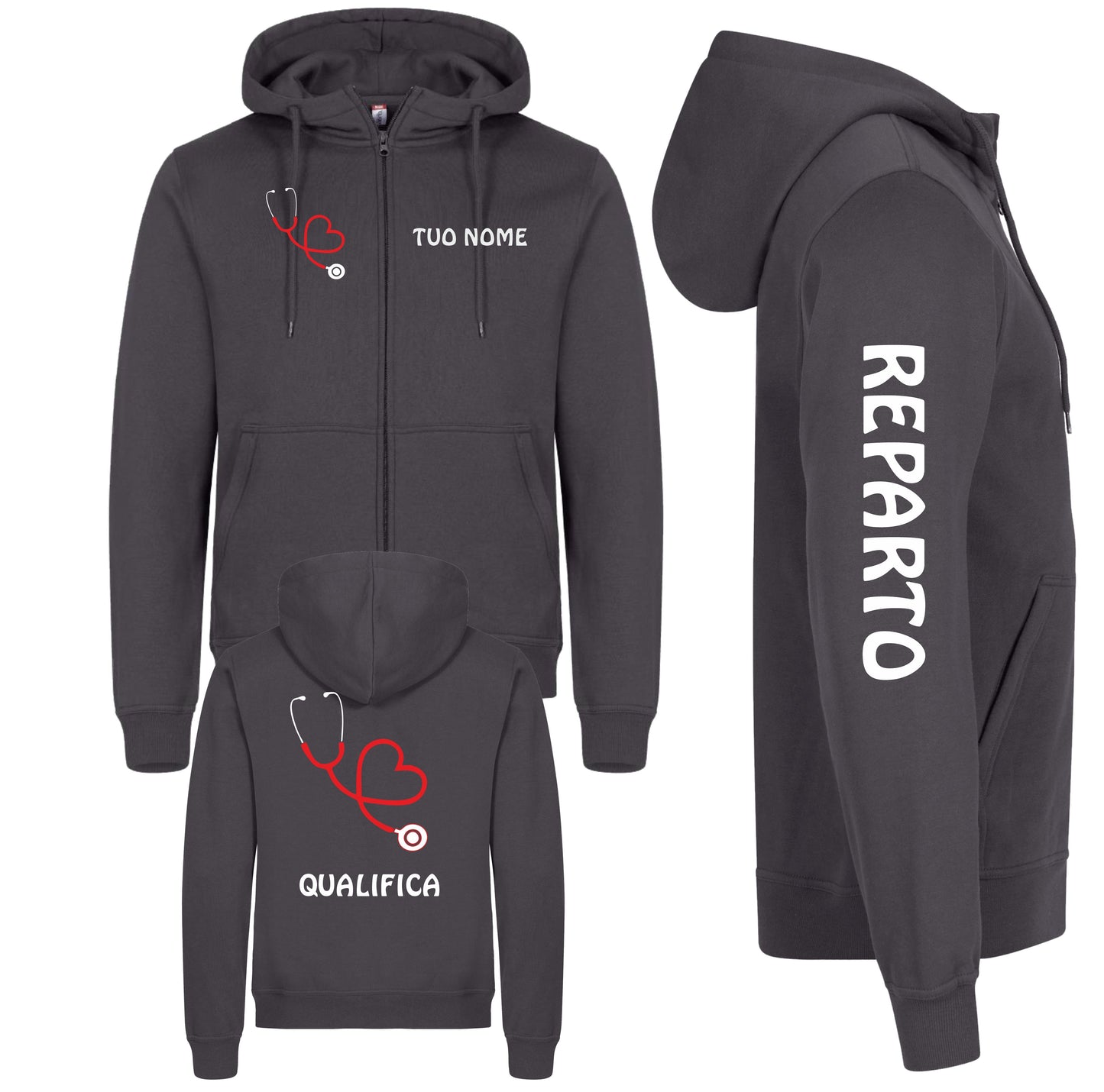 Felpa Unisex Personalizzabile Infermiere, Infermiera, Dottore, Dottoressa e OSS con Nome, Qualifica e Reparto – Cappuccio e Zip Lunga PS 46617