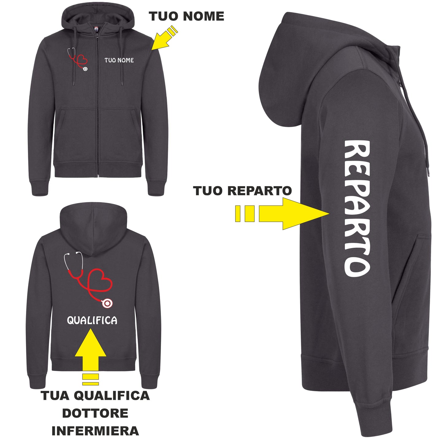 Felpa Unisex Personalizzabile Infermiere, Infermiera, Dottore, Dottoressa e OSS con Nome, Qualifica e Reparto – Cappuccio e Zip Lunga PS 46617