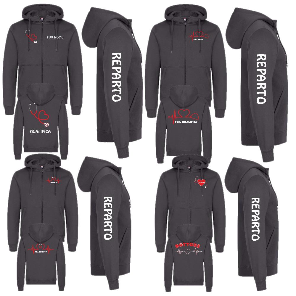 Felpa Unisex Personalizzabile Infermiere, Infermiera, Dottore, Dottoressa e OSS con Nome, Qualifica e Reparto – Cappuccio e Zip Lunga PS 46617