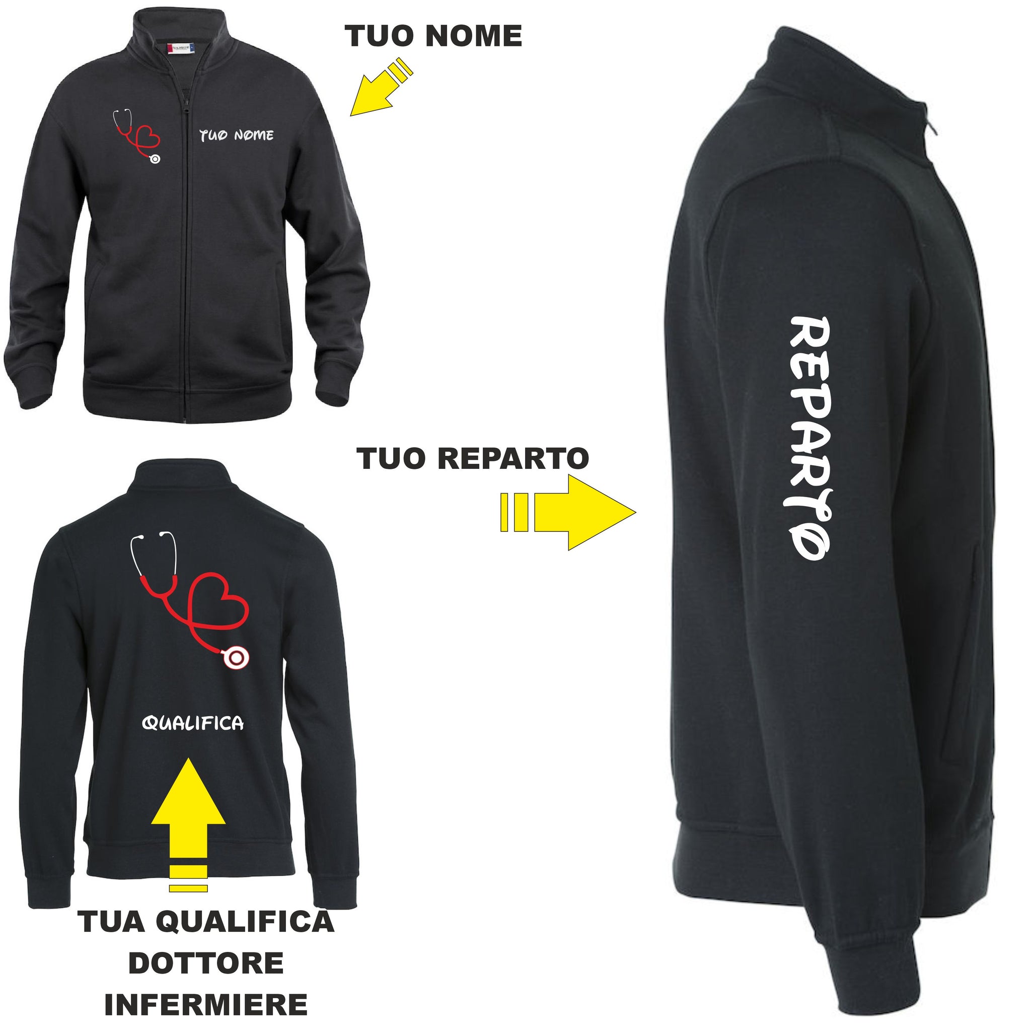 Felpa Infermiere Dottore OSS Con Stetoscopio Cuore Uomo Zip Lunga Personalizzabile Con Nome Qualifica e Reparto PS 32401-A001 PRS