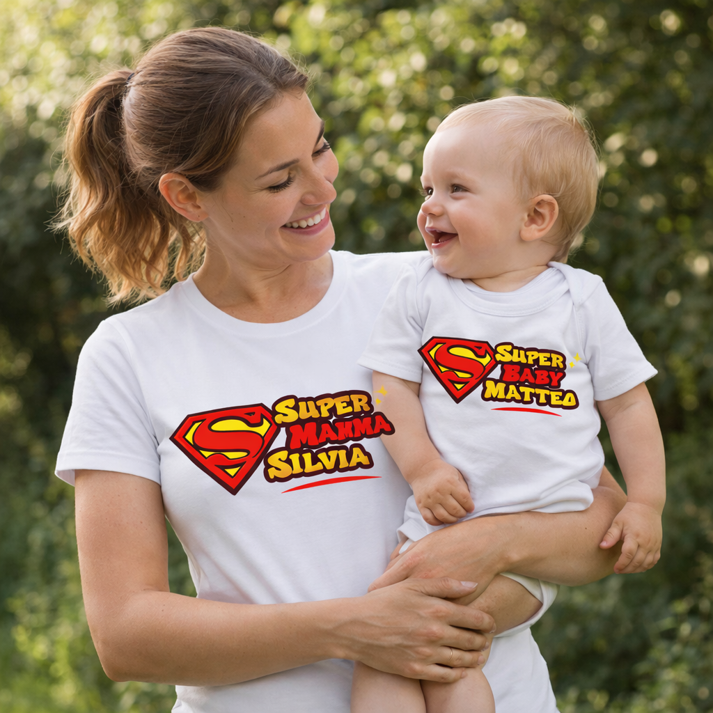 Tshirt e Body/Magliettina "Super mamma/Super baby"  – Festa della mamma – PS 28870-032 / 28180-143