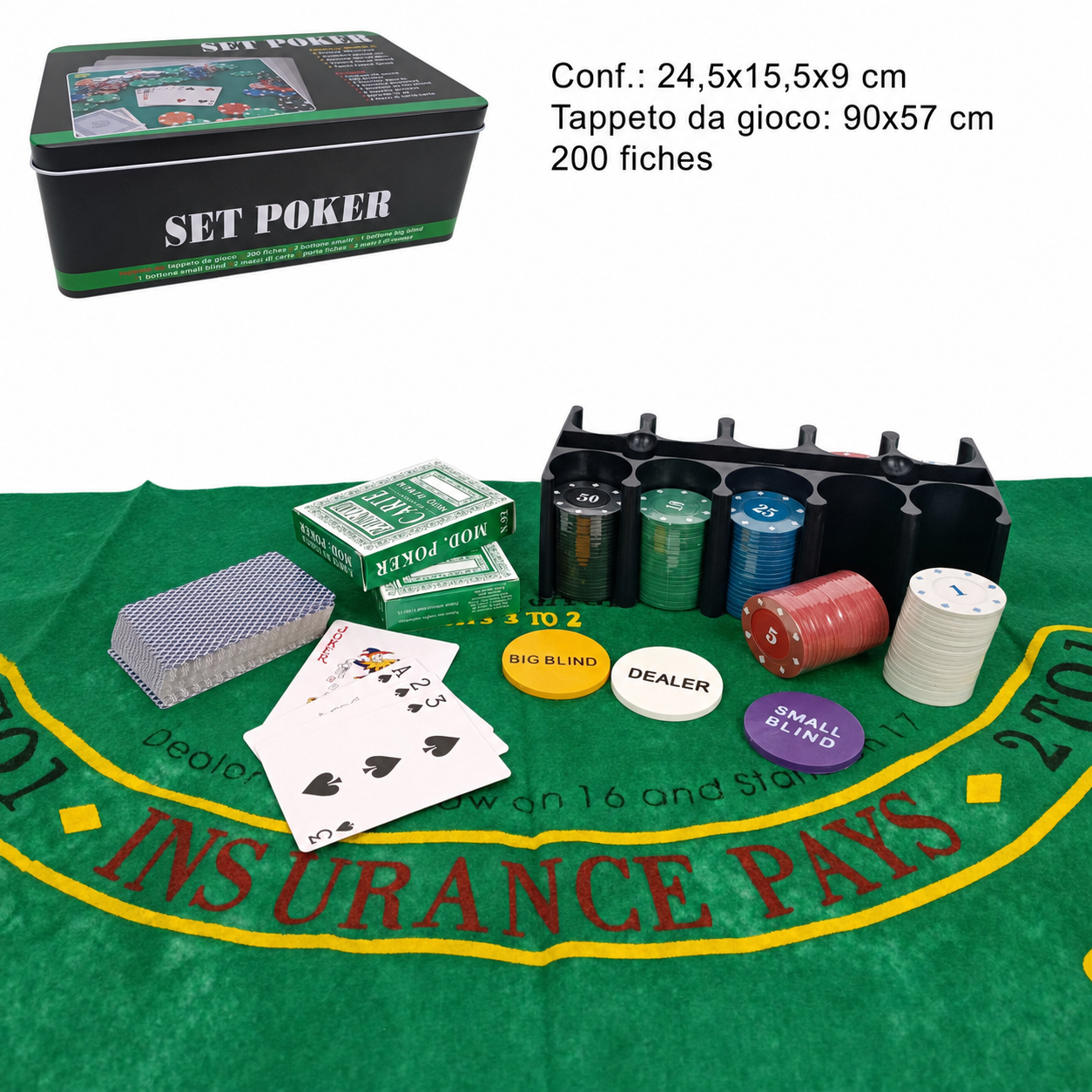 Set Poker con 200 Fiches e Tappeto da Gioco PS 16403