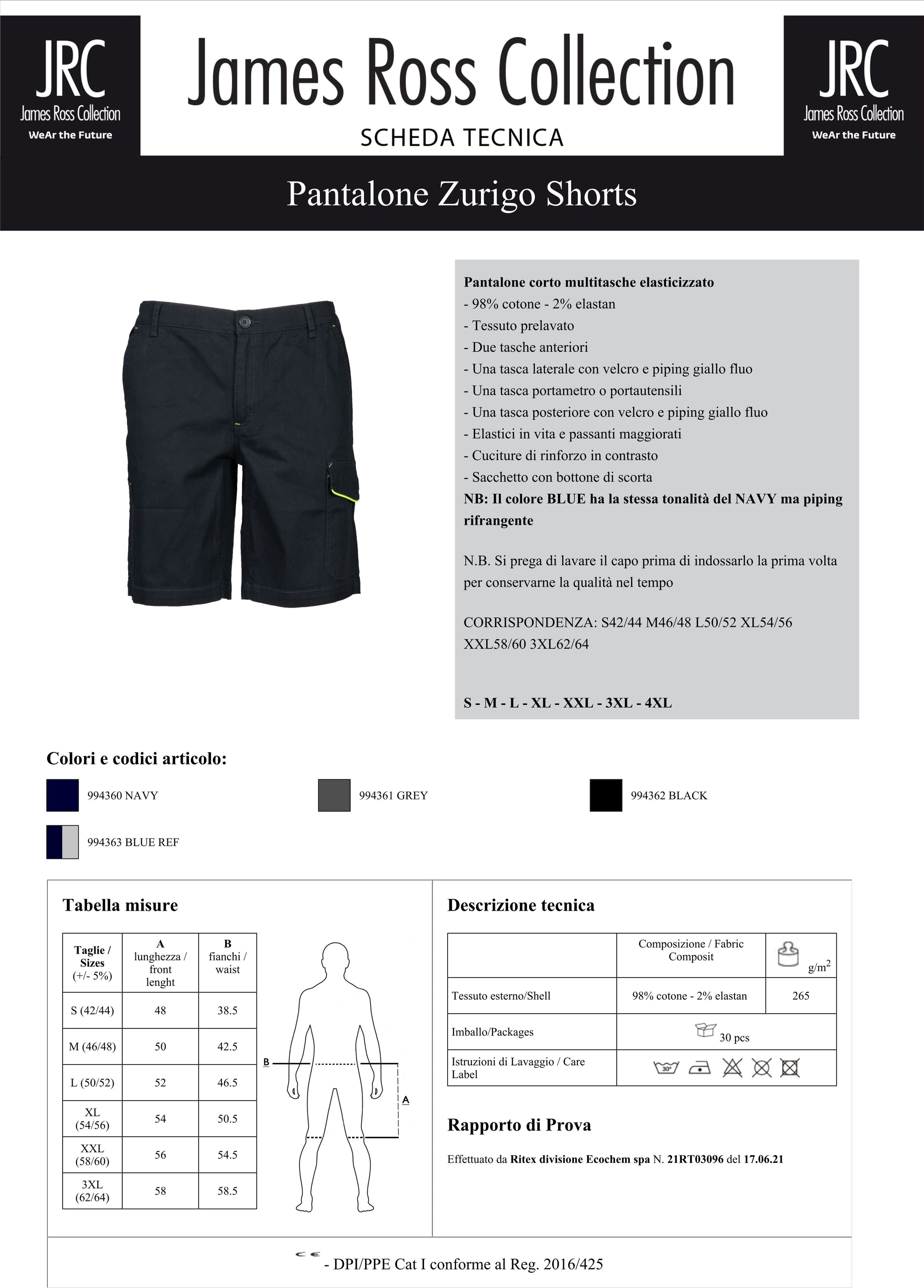 Pantalone Corto Da Lavoro Zurigo Shorts Multitasche Elasticizzato Personalizzabile JRC PS 40844 PRS