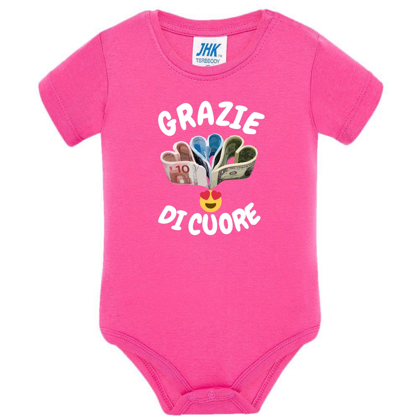 Body Neonato “Grazie Di Cuore” Porta Soldi In Contanti Personalizzabile Con Nome Sul Retro 100% Cotone PS 28180-039 PRS