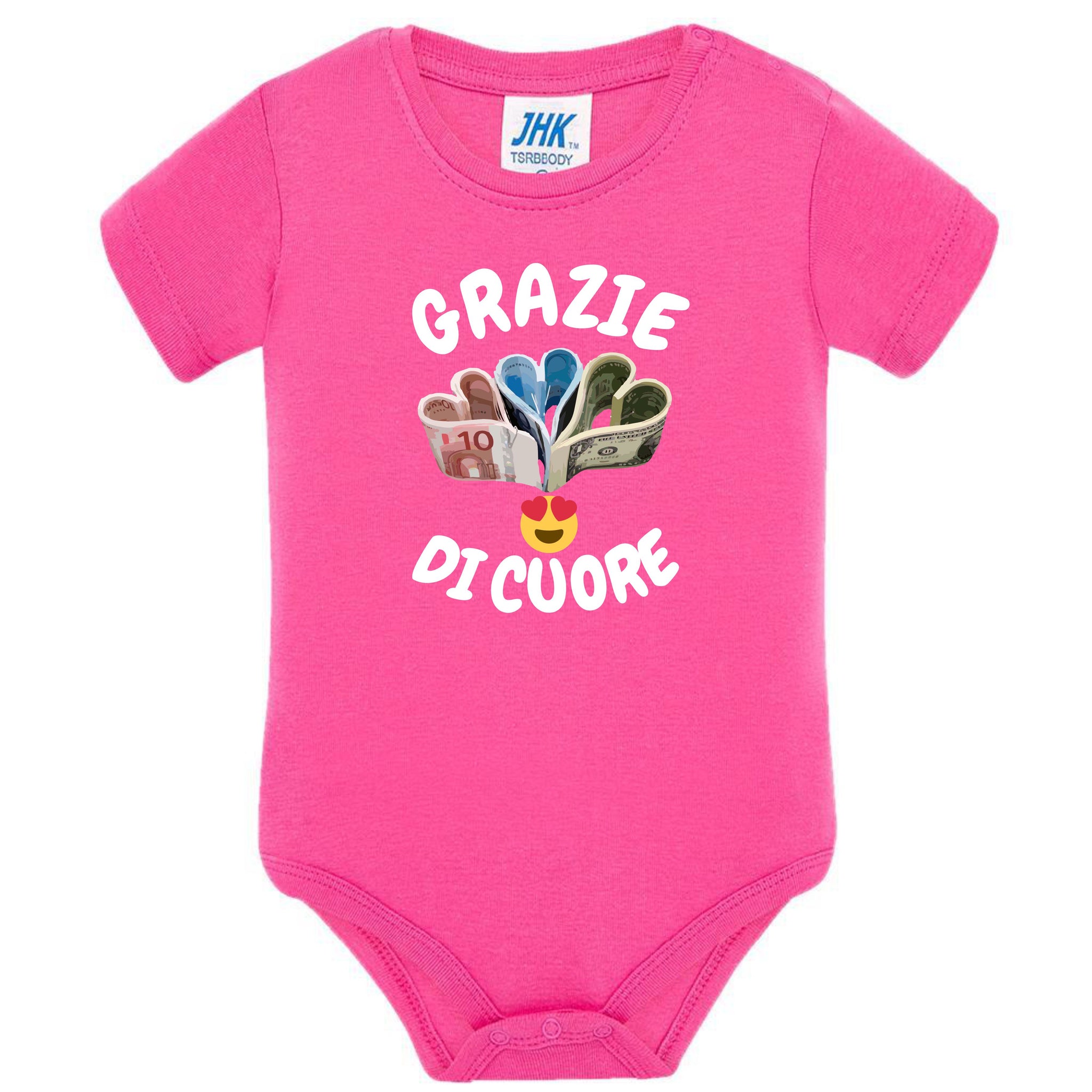 Body Neonato “Grazie Di Cuore” Porta Soldi In Contanti Personalizzabile Con Nome Sul Retro 100% Cotone PS 28180-039 PRS