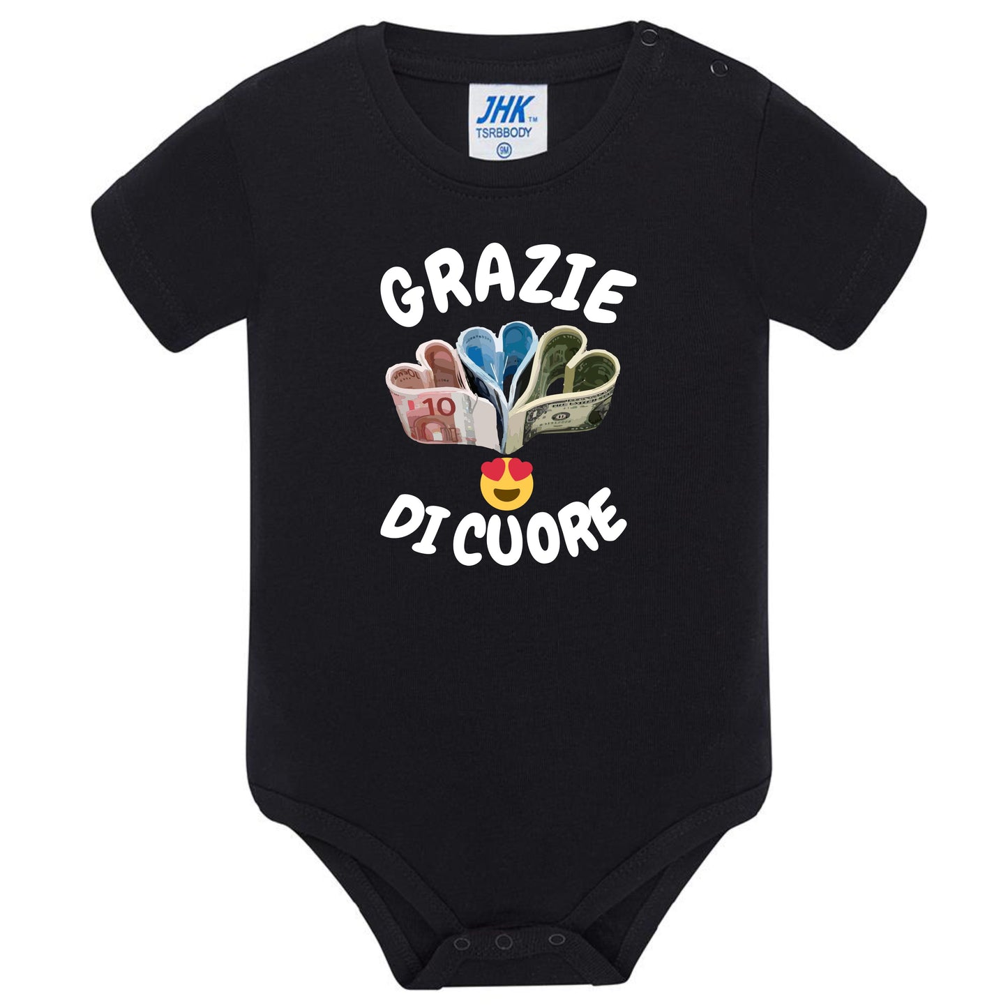 Body Neonato “Grazie Di Cuore” Porta Soldi In Contanti Personalizzabile Con Nome Sul Retro 100% Cotone PS 28180-039 PRS