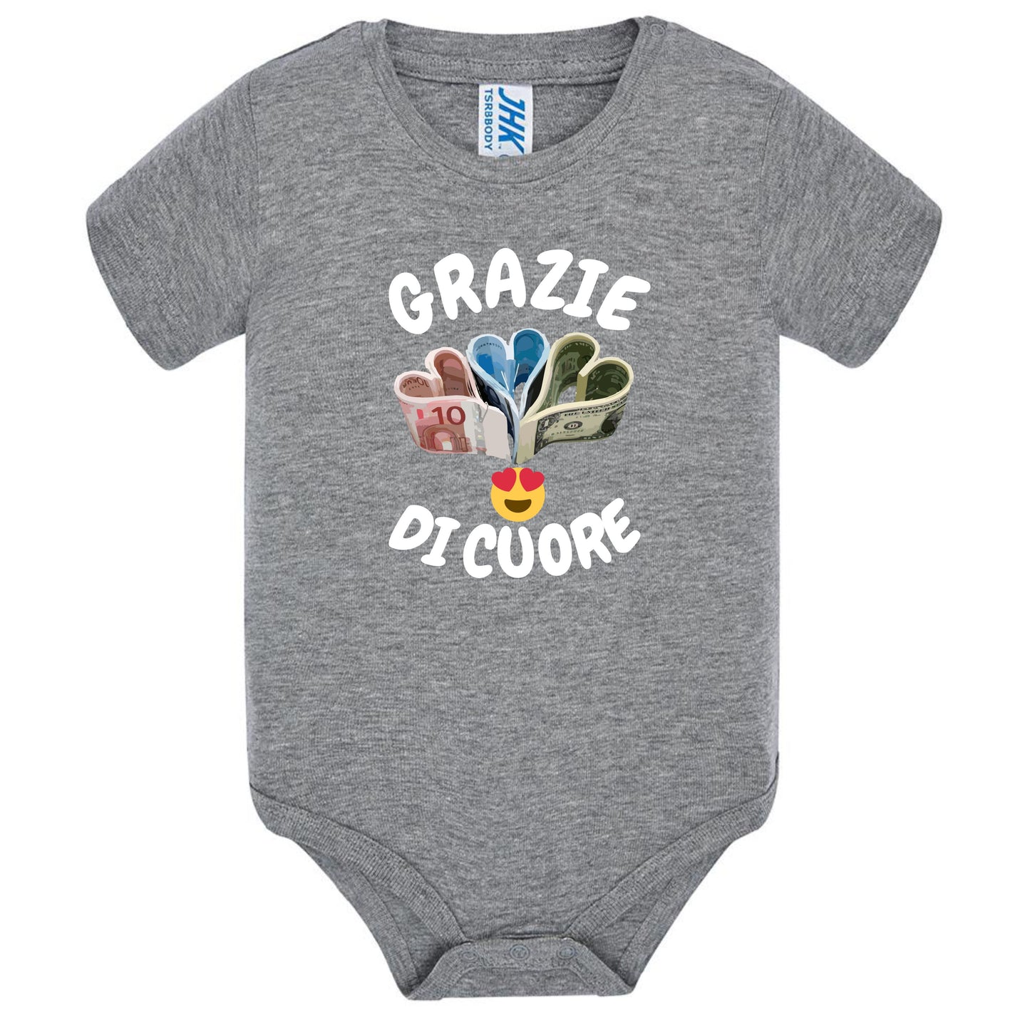 Body Neonato “Grazie Di Cuore” Porta Soldi In Contanti Personalizzabile Con Nome Sul Retro 100% Cotone PS 28180-039 PRS