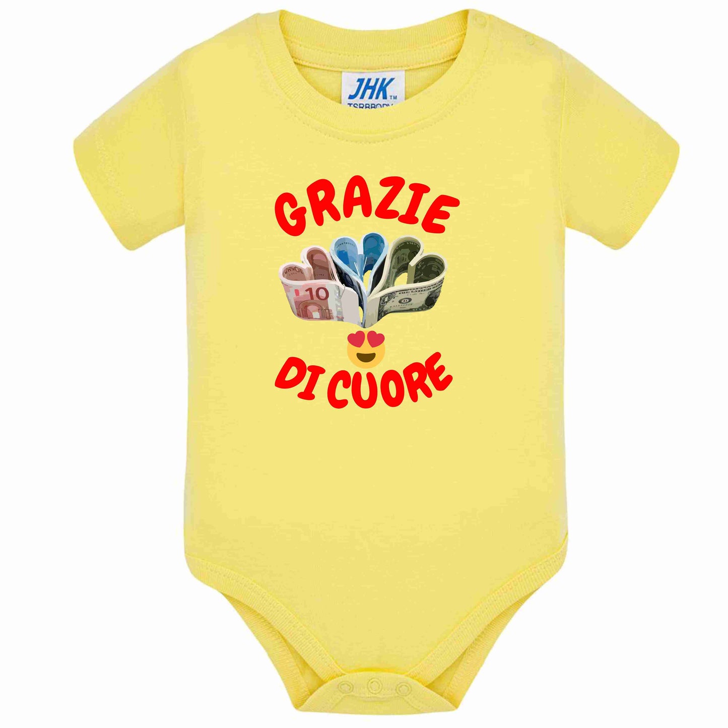 Body Neonato “Grazie Di Cuore” Porta Soldi In Contanti Personalizzabile Con Nome Sul Retro 100% Cotone PS 28180-039 PRS