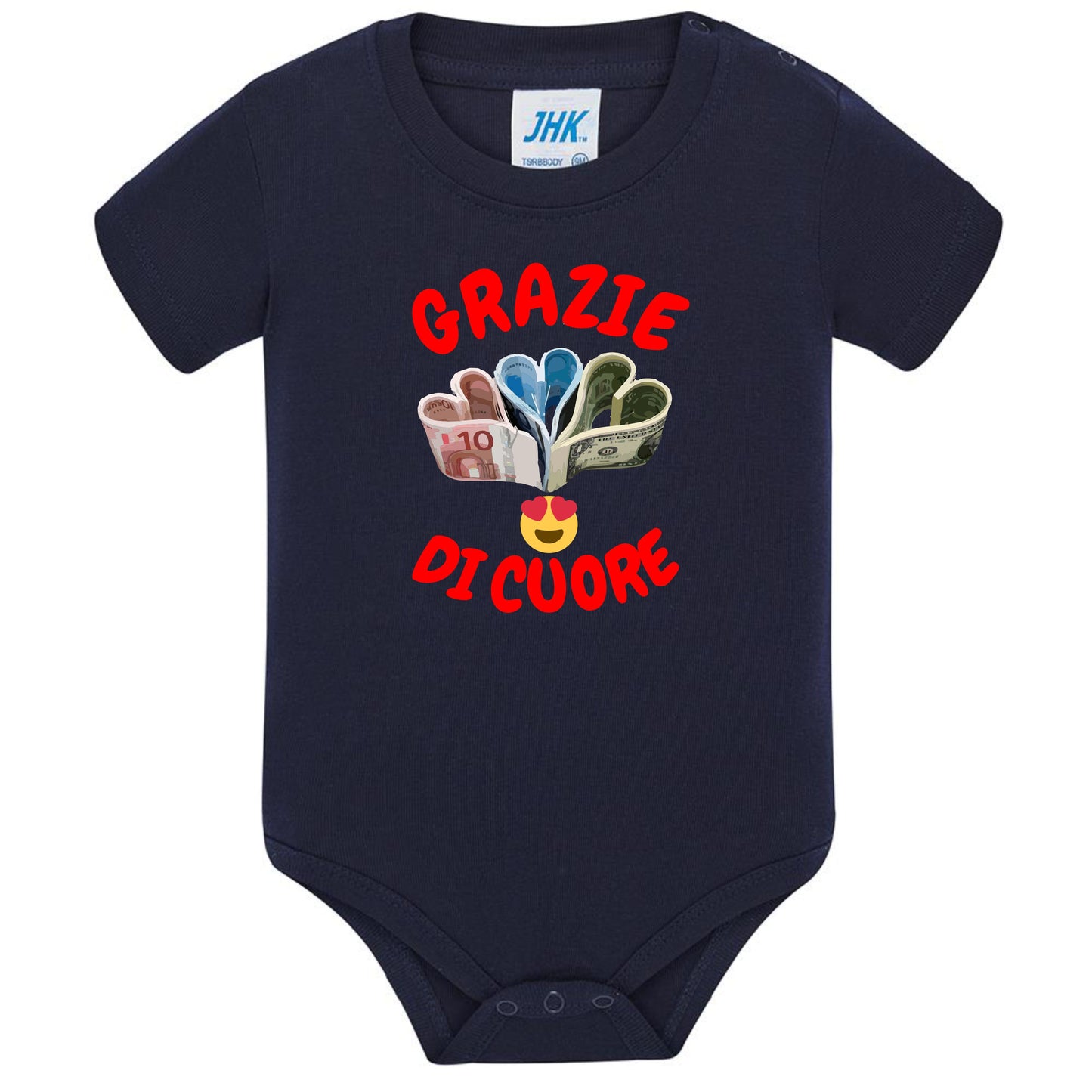 Body Neonato “Grazie Di Cuore” Porta Soldi In Contanti Personalizzabile Con Nome Sul Retro 100% Cotone PS 28180-039 PRS