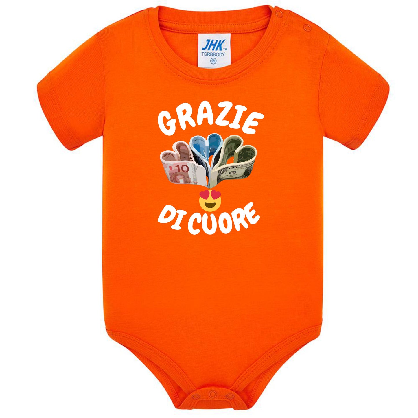Body Neonato “Grazie Di Cuore” Porta Soldi In Contanti Personalizzabile Con Nome Sul Retro 100% Cotone PS 28180-039 PRS