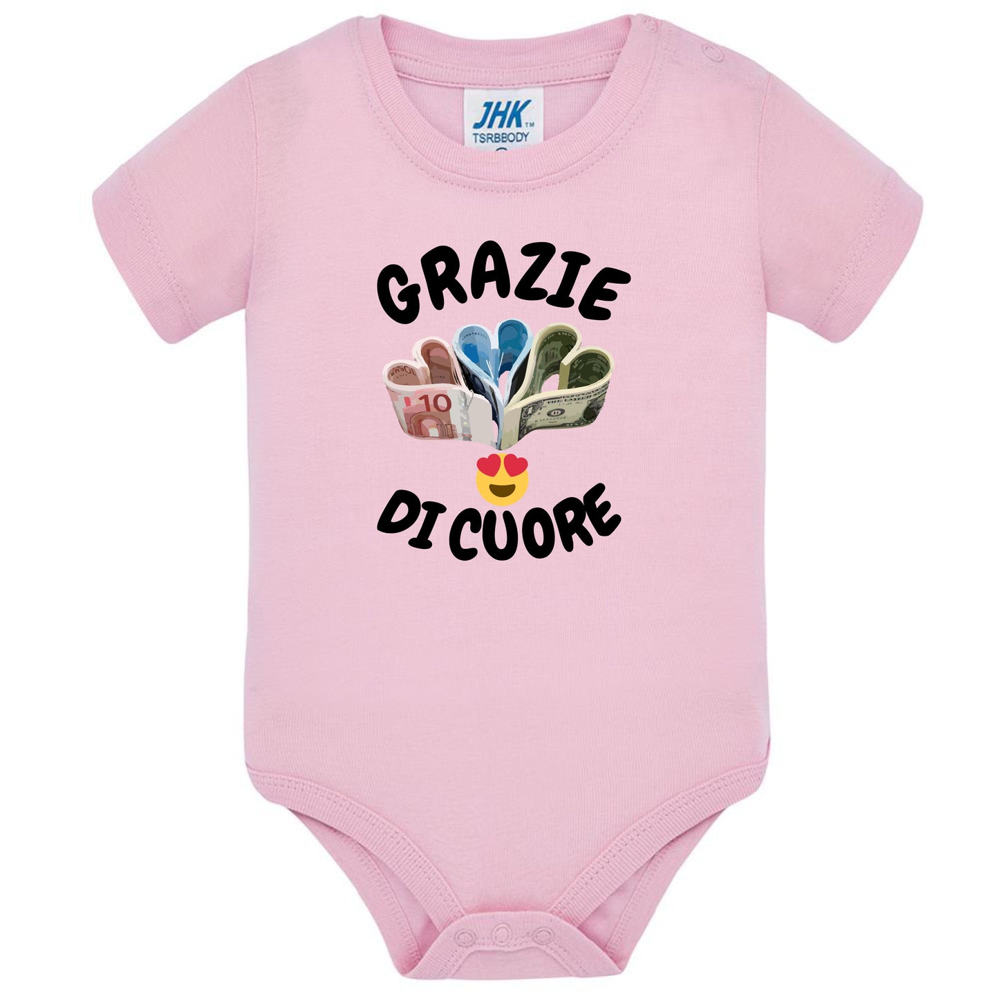 Body Neonato “Grazie Di Cuore” Porta Soldi In Contanti Personalizzabile Con Nome Sul Retro 100% Cotone PS 28180-039 PRS
