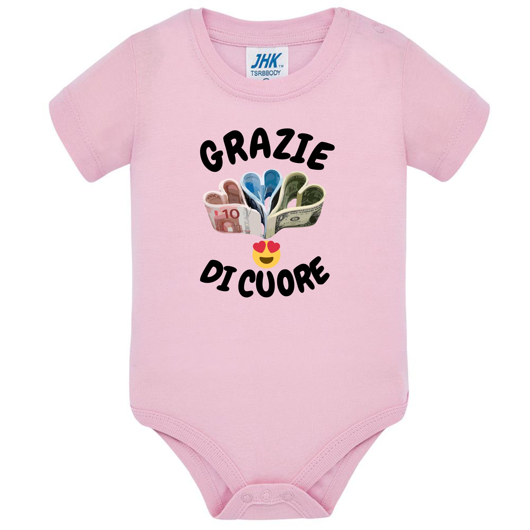 Body Neonato “Grazie Di Cuore” Porta Soldi In Contanti Personalizzabile Con Nome Sul Retro 100% Cotone PS 28180-039 PRS