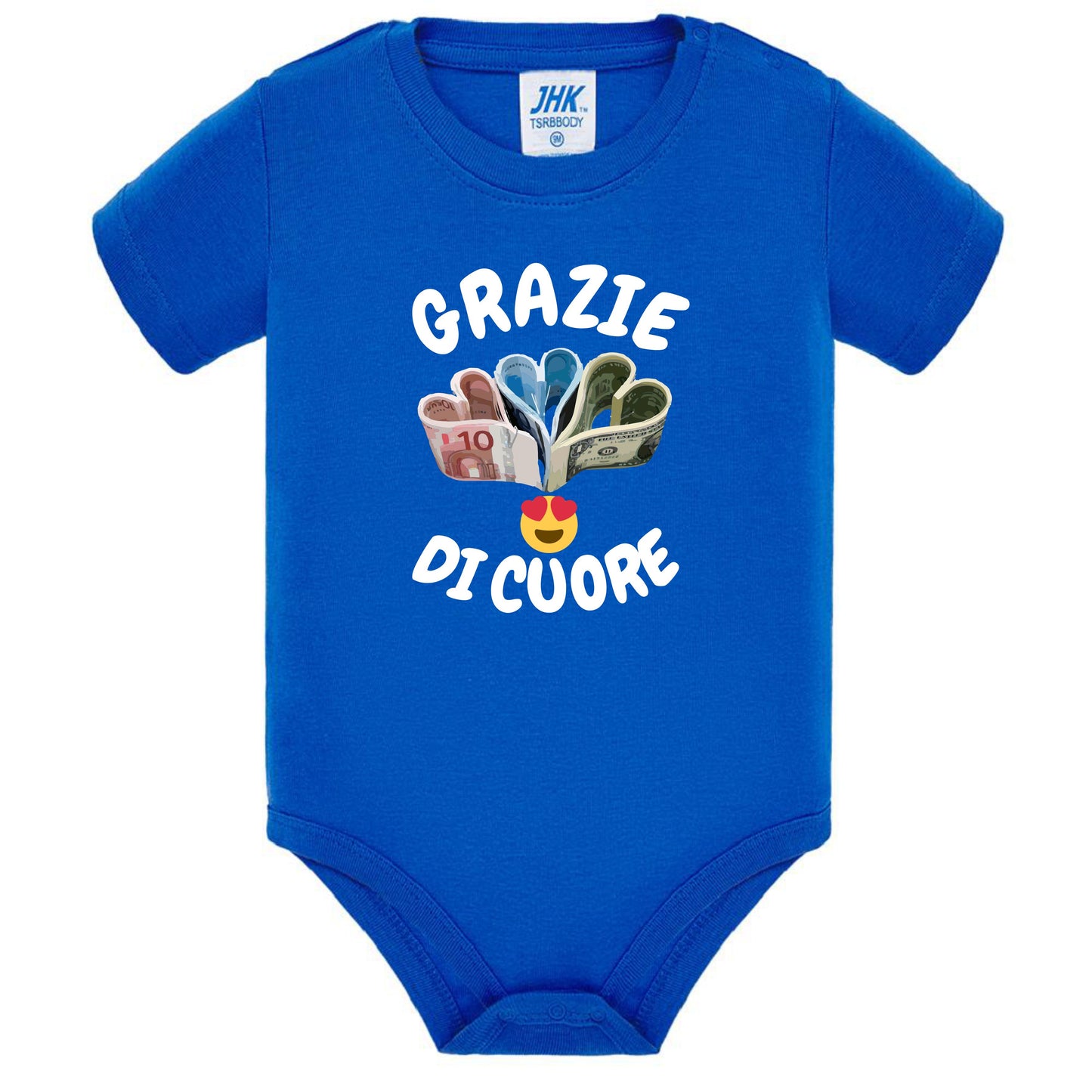 Body Neonato “Grazie Di Cuore” Porta Soldi In Contanti Personalizzabile Con Nome Sul Retro 100% Cotone PS 28180-039 PRS