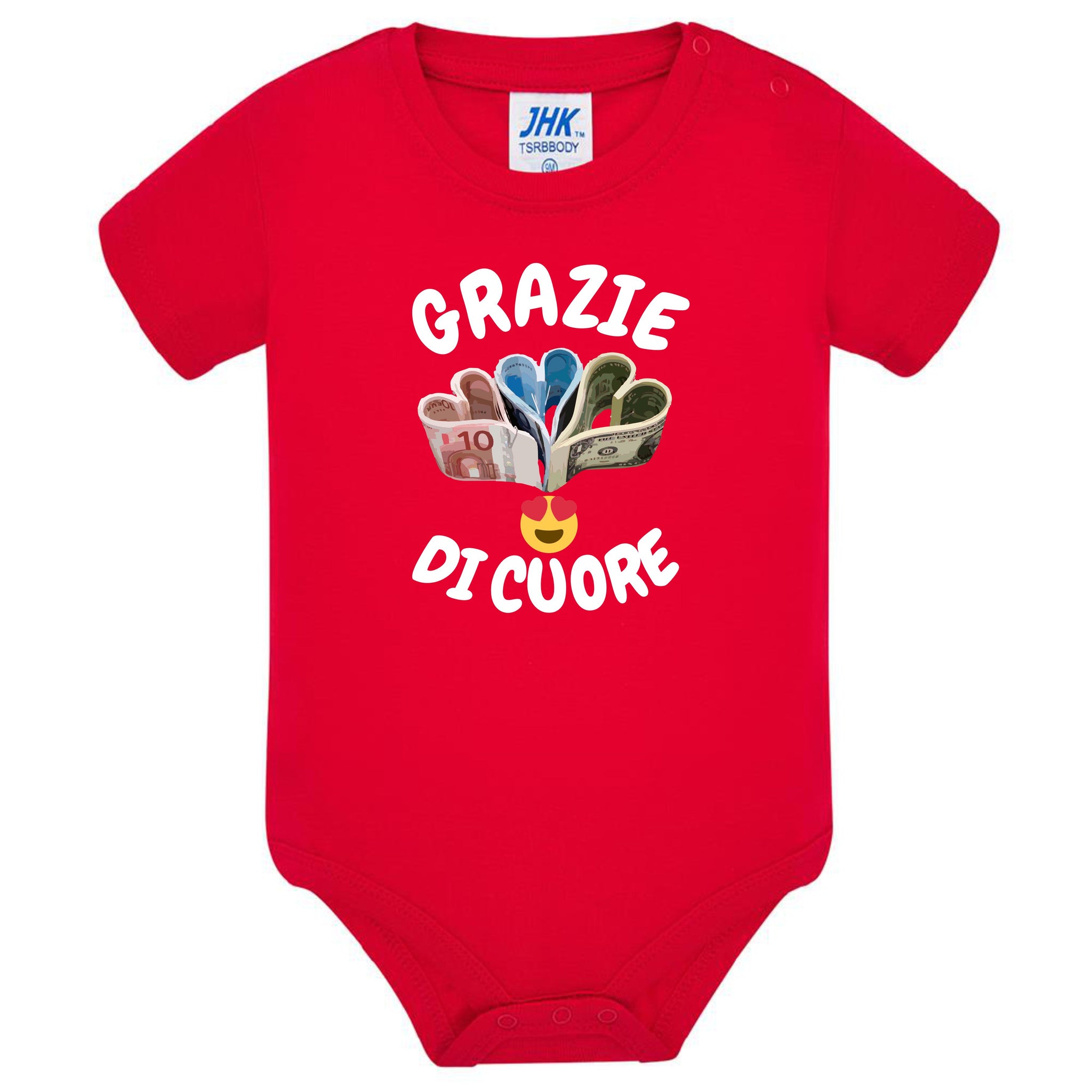 Body Neonato “Grazie Di Cuore” Porta Soldi In Contanti Personalizzabile Con Nome Sul Retro 100% Cotone PS 28180-039 PRS