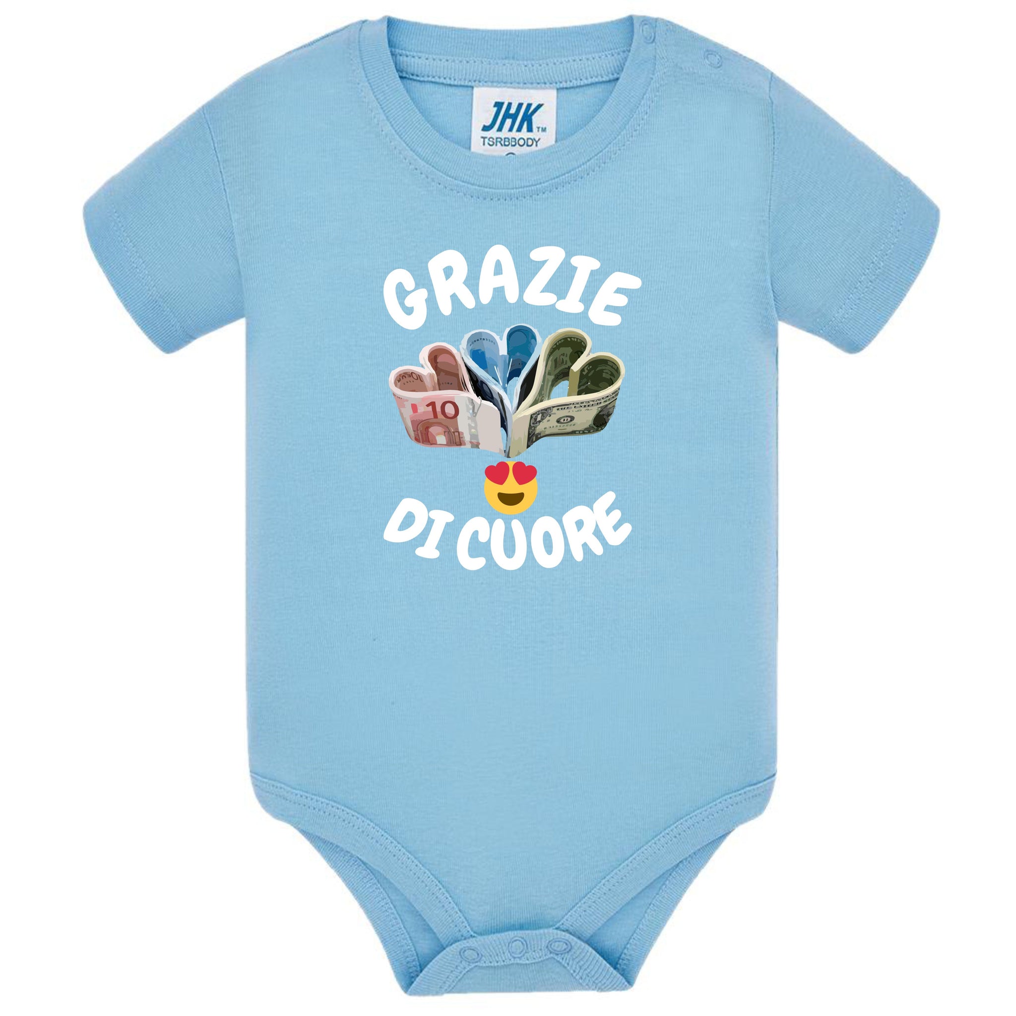 Body Neonato “Grazie Di Cuore” Porta Soldi In Contanti Personalizzabile Con Nome Sul Retro 100% Cotone PS 28180-039 PRS