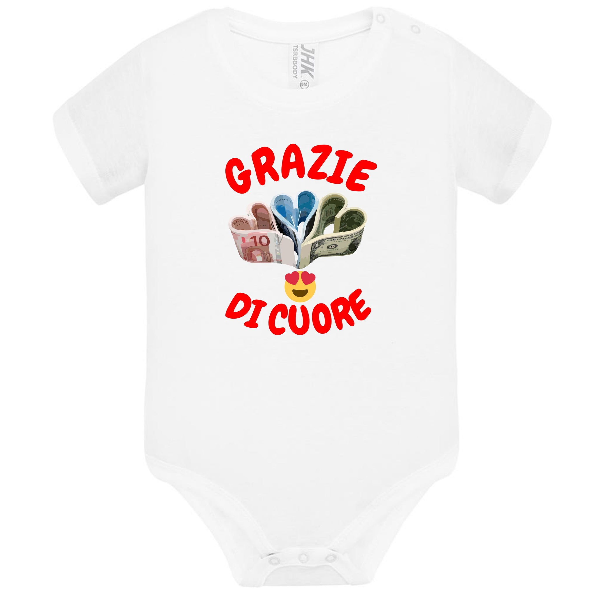 Body Neonato “Grazie Di Cuore” Porta Soldi In Contanti Personalizzabile Con Nome Sul Retro 100% Cotone PS 28180-039 PRS