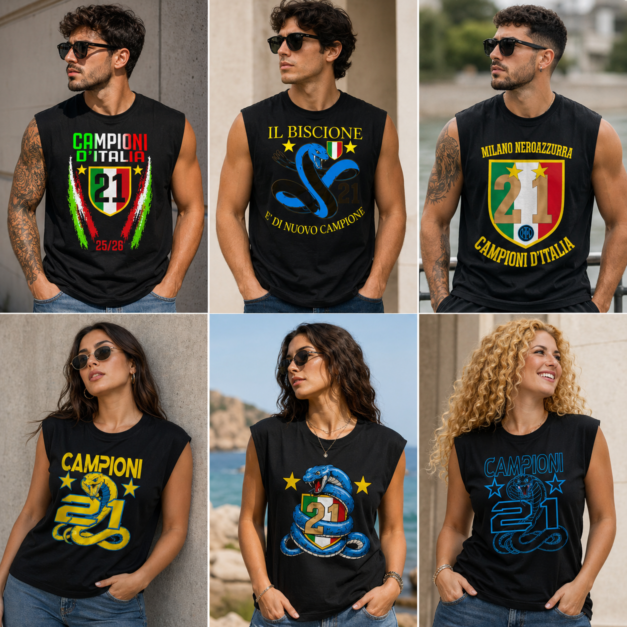 T-shirt Manicata Internazionale Campione d'Italia Seconda Stella 21 Scudetti Tifosi Nero Azzurri | Canotta Cotone Scudetto Neroazzurro PS 29999-INT01