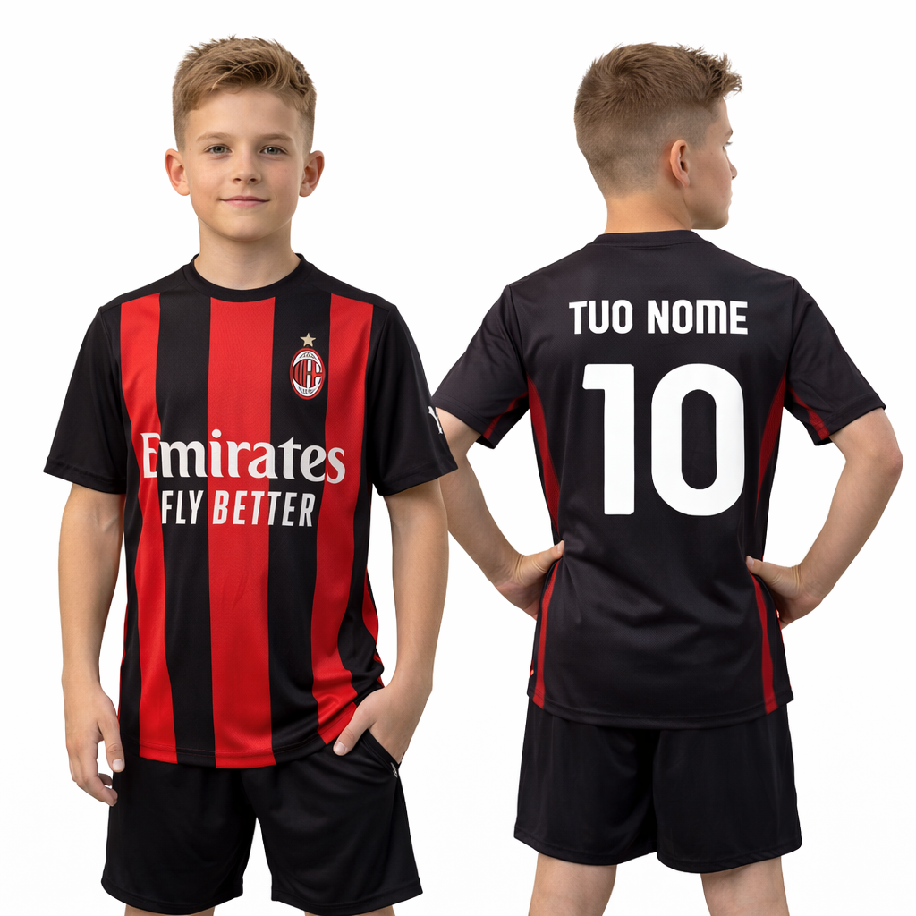 Completo Calcio AC Milan Personalizzabile – Replica Campionato Serie A – Maglia, Pantaloncino e Calzettoni – PS 40482-C-01