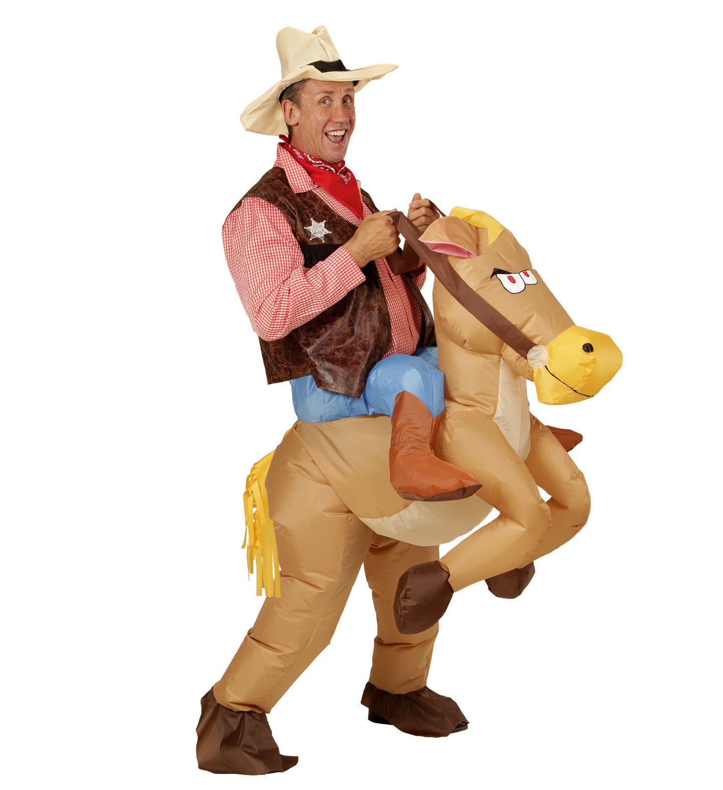 Costume Carnevale Adulto Autogonfiante Sceriffo con Cavallo PS 22726