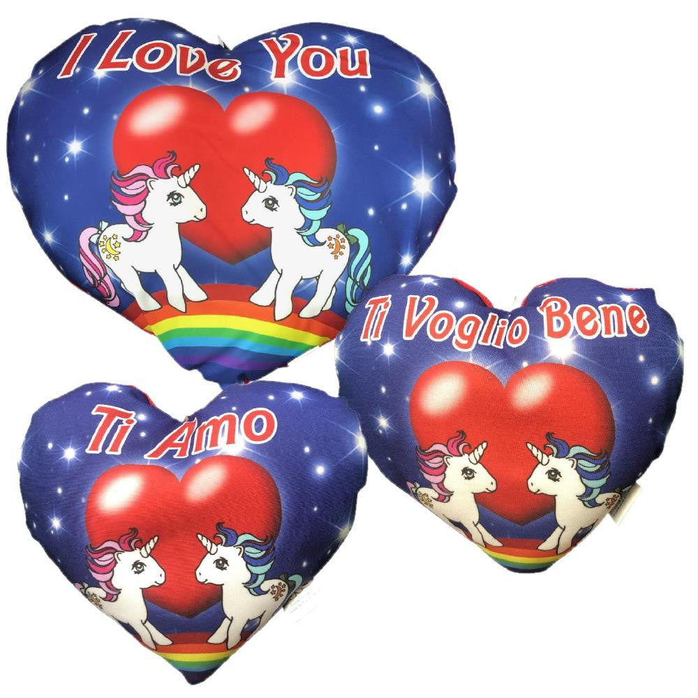 Mini Cuscino Cuore Unicorni “Ti Amo / Ti Voglio Bene – I Love You” – 20 x 18 cm – Made in Italy PS 21247