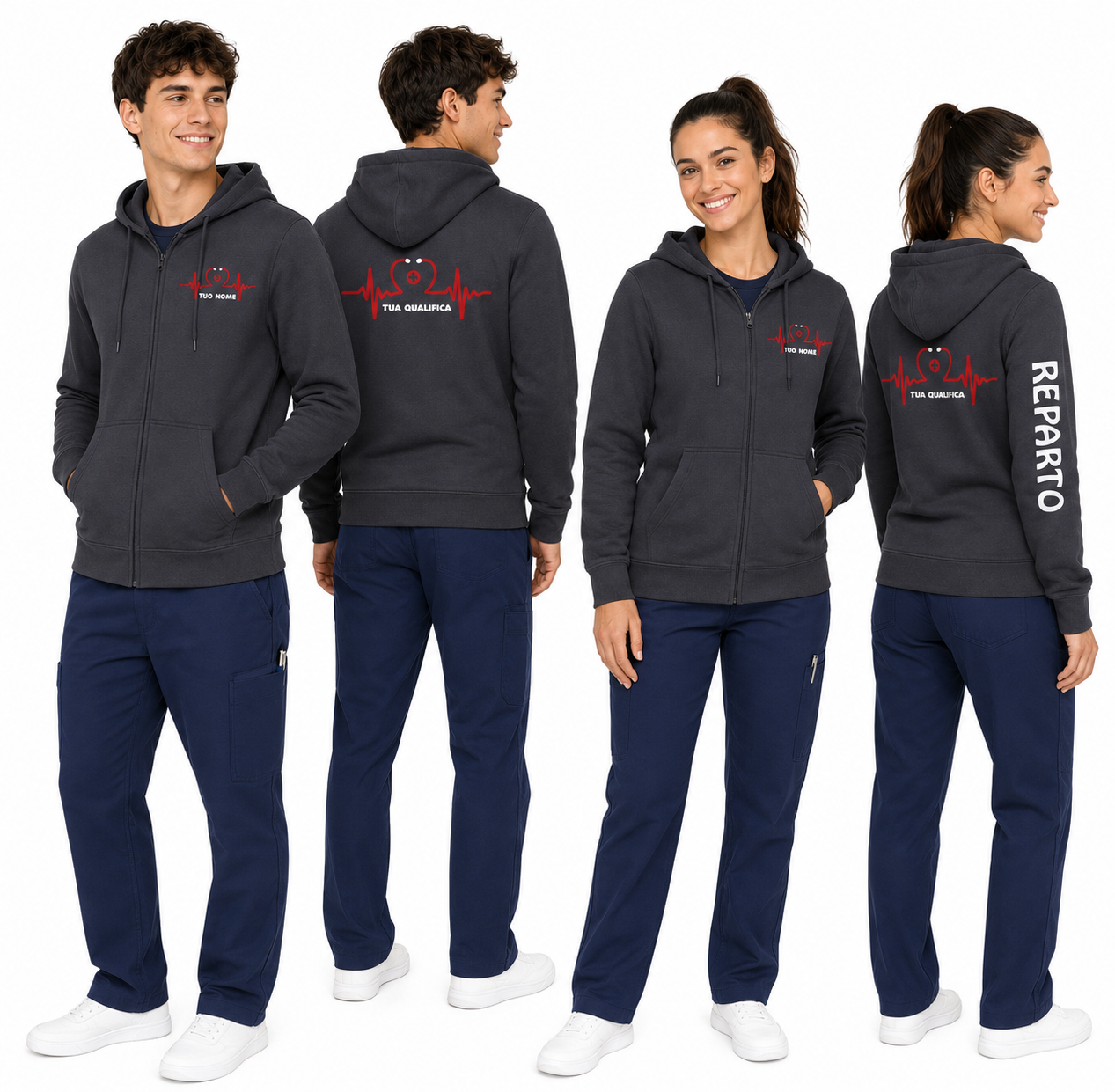 Felpa Unisex Personalizzabile Infermiere, Infermiera, Dottore, Dottoressa e OSS con Nome, Qualifica e Reparto – Cappuccio e Zip Lunga PS 46617