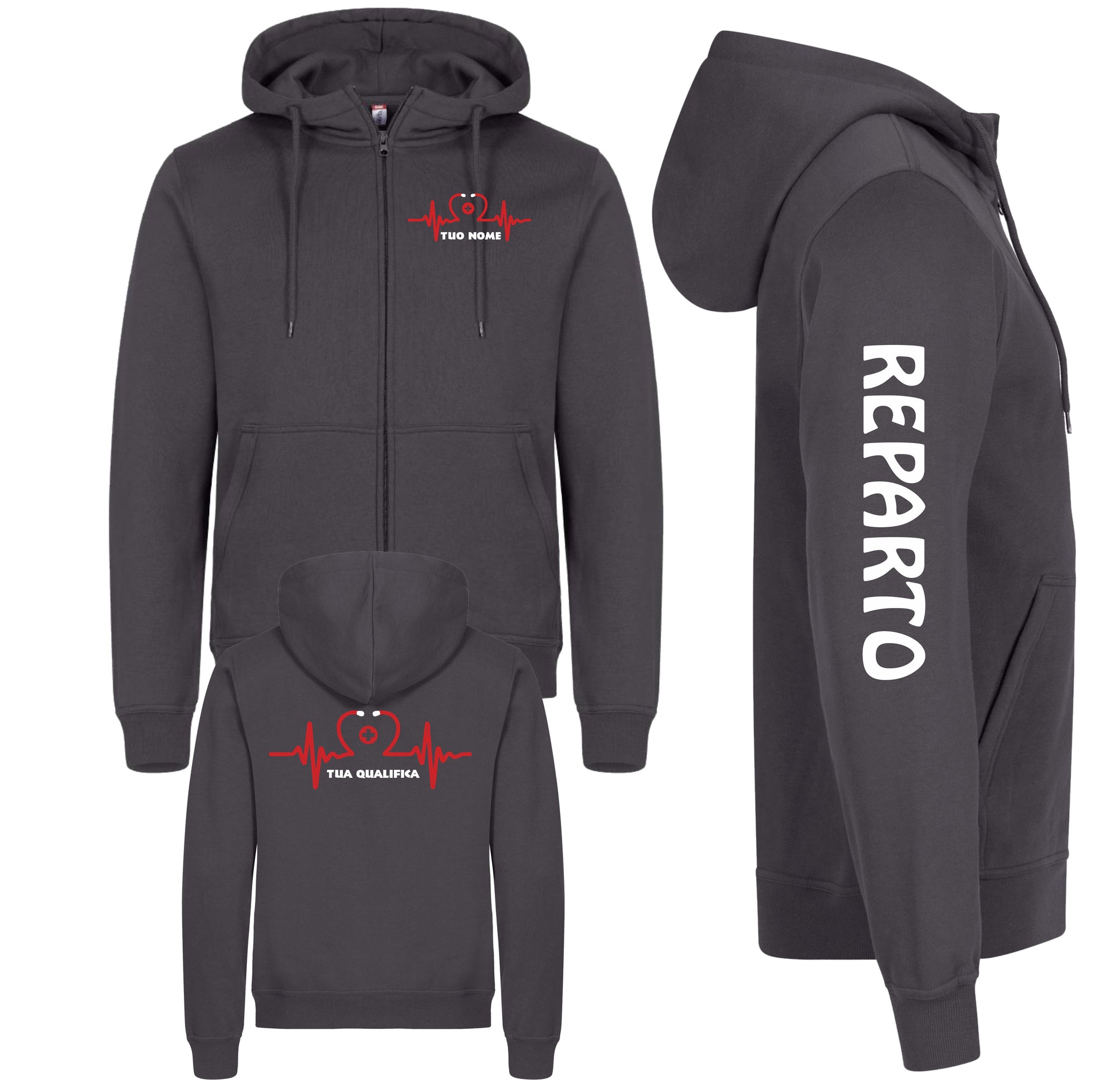 Felpa Unisex Personalizzabile Infermiere, Infermiera, Dottore, Dottoressa e OSS con Nome, Qualifica e Reparto – Cappuccio e Zip Lunga PS 46617
