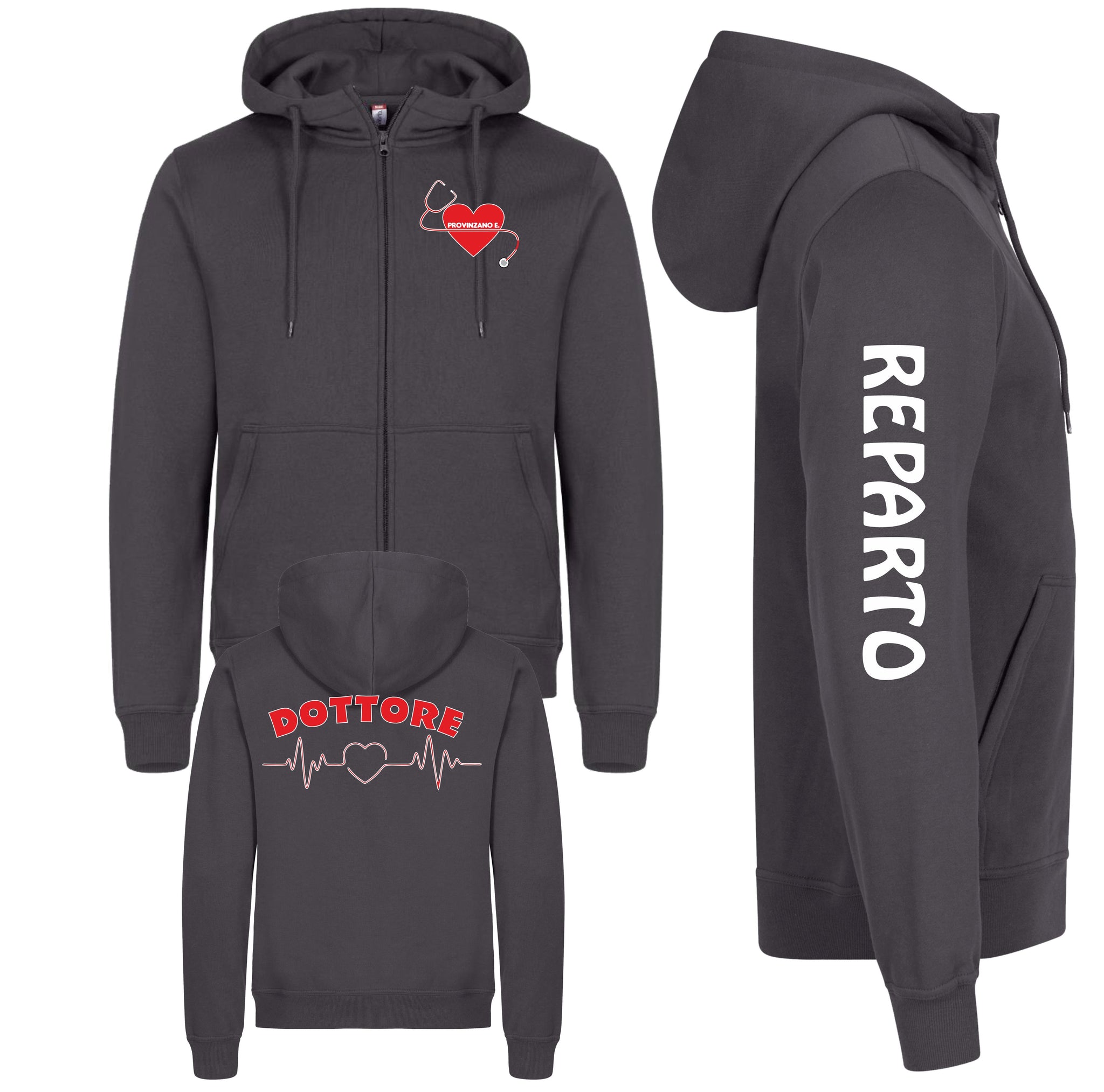 Felpa Unisex Personalizzabile Infermiere, Infermiera, Dottore, Dottoressa e OSS con Nome, Qualifica e Reparto – Cappuccio e Zip Lunga PS 46617