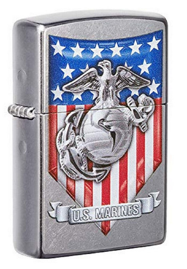 Accendino Zippo U.S. Marine Corps Crest &amp; US Flag Street Chrome – Made in USA – PS 12243