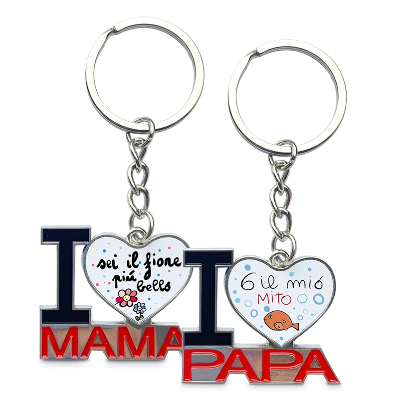 Portachiavi In Metallo Sagomato “I Love Mama” – “I Love Papà” Personalizzabile Idea Regalo PS 12710