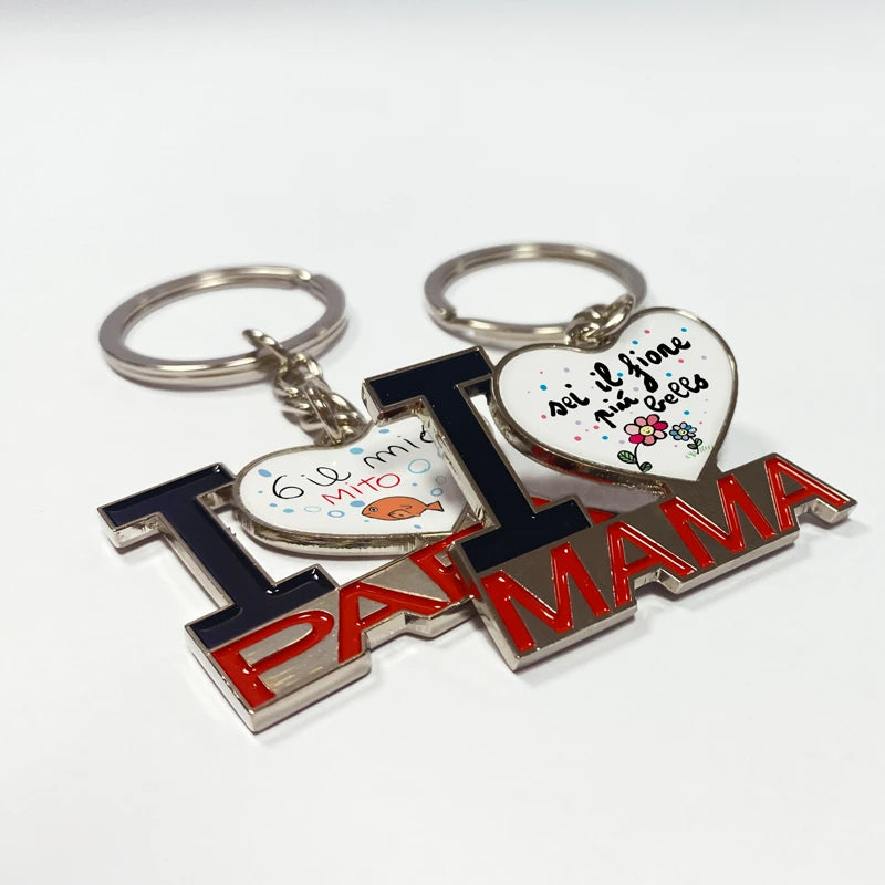 Portachiavi In Metallo Sagomato “I Love Mama” – “I Love Papà” Personalizzabile Idea Regalo PS 12710