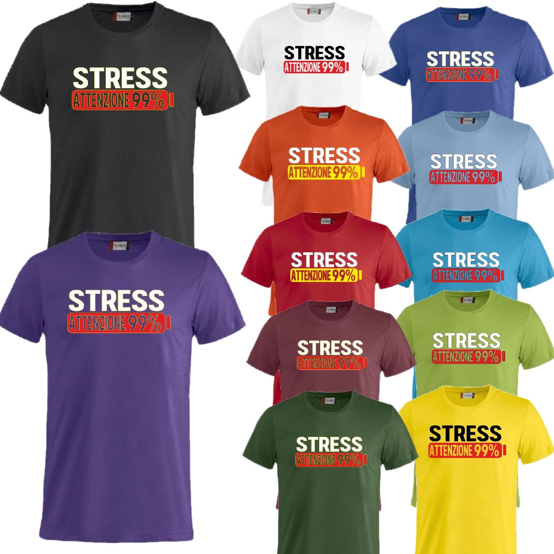 T-Shirt Uomo “Stress Attenzione 99%” – Maglietta Simpatica e Divertente PS 27431-A002