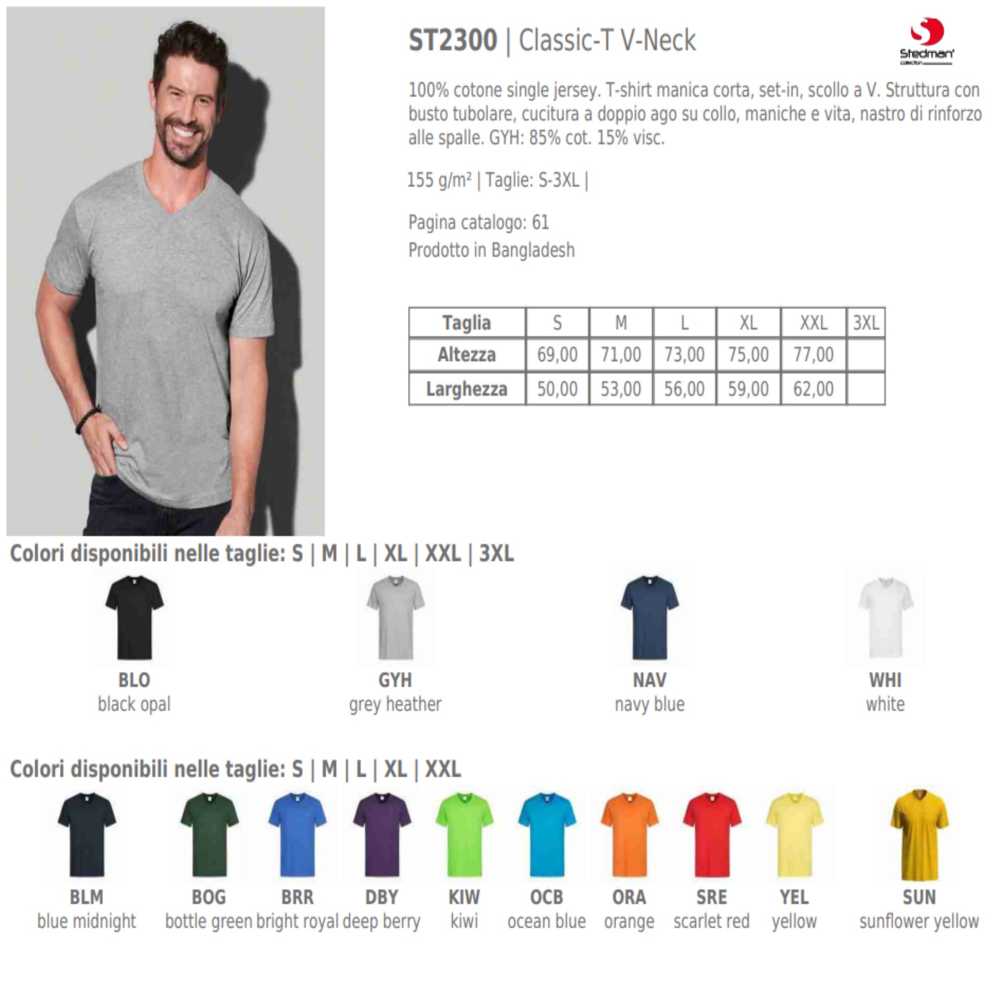 T-Shirt Uomo V-Nek Maglia Manica Corta Collo a V Stedman Maglietta Adulto Unisex Personalizzabile PS 33745