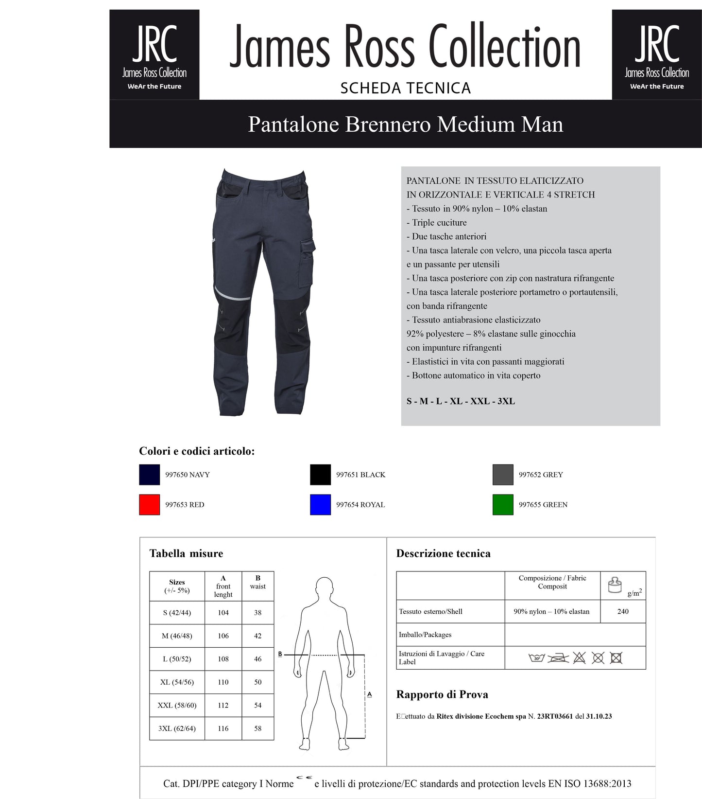 Pantaloni Da Lavoro Elasticizzati Brennero Medium Multitasche Tecnici Personalizzabili JRC PS 46580 PRS